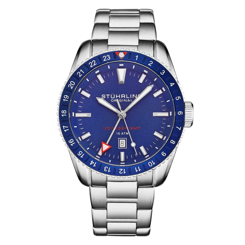 Relógio Masculino Stuhrling GMT 4017 Quartzo 42mm, Prata e Azul