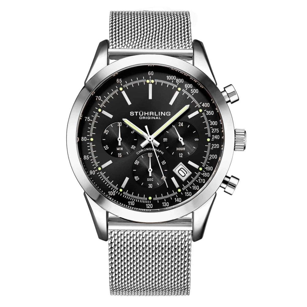 Relgio Rialto 3975L com crongrafo, mostrador preto e pulseira de liga de prata - Stuhrling
