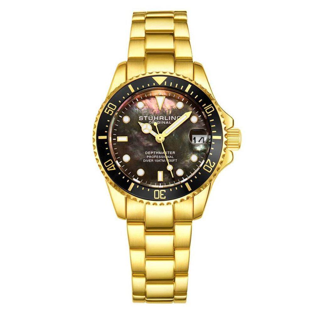 Relgio masculino Depthmaster 3950L de 32 mm com design moderno, mostrador preto e pulseira em ao inoxidvel dourado.