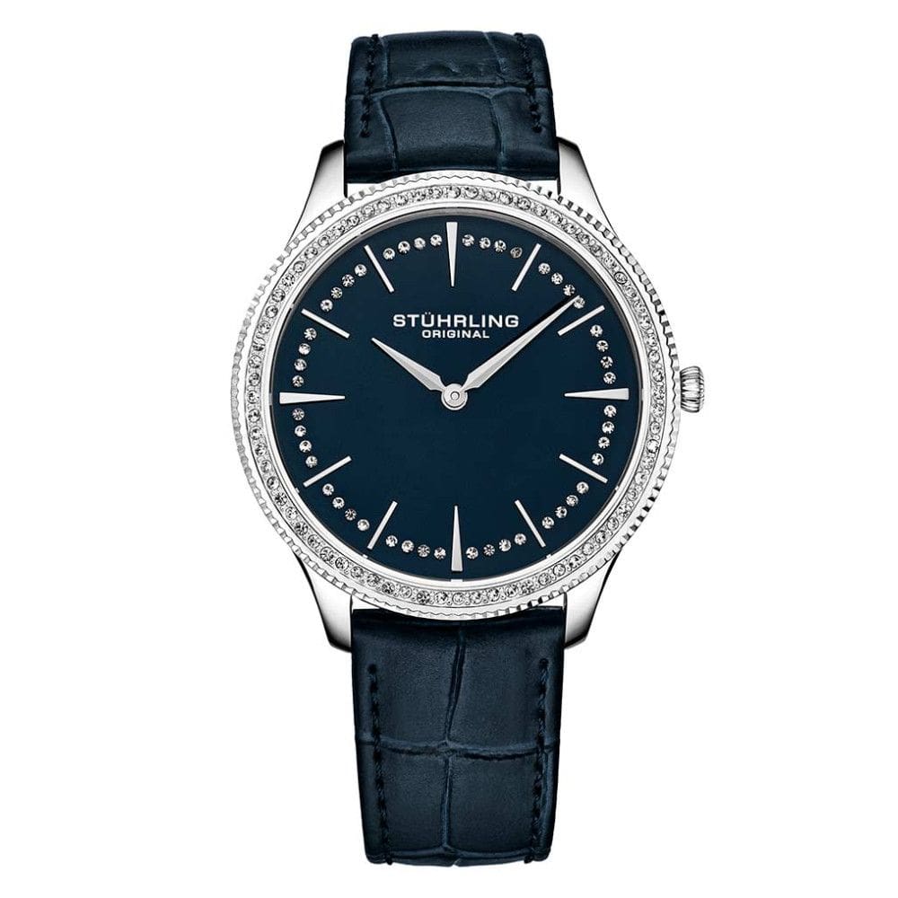 Relgio Stuhrling Clssico 38mm, Mostrador Azul, Pulseira de Couro Azul, Fivela Tang Prata