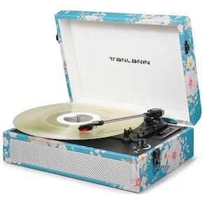 Toca Discos Vintage com 3 Velocidades, Alto Falantes Embutidos, Gravação USB e Entrada para Fone, TANLANIN, Azul Floral