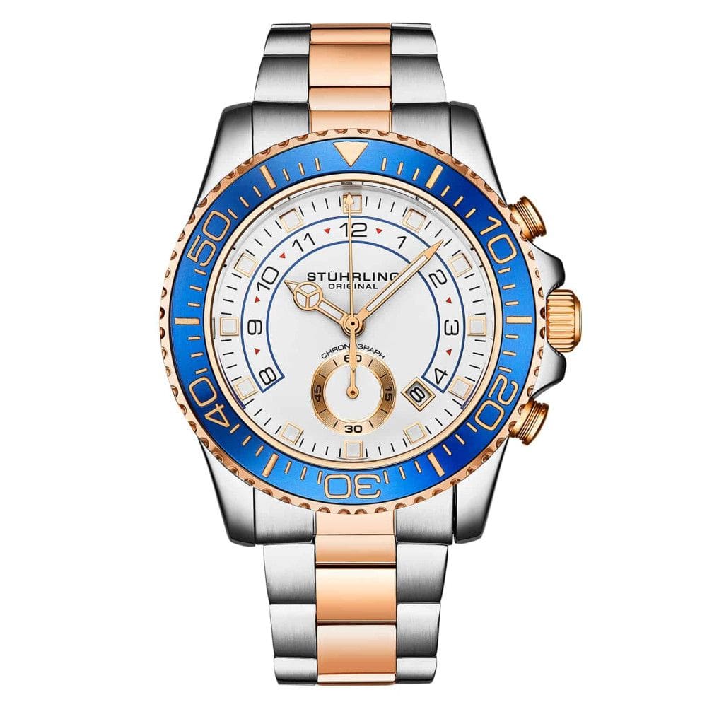 Relgio feminino Stuhrling Brigadeiro 3966 com moldura azul, mostrador branco e pulseira em ao rosa de dois tons.