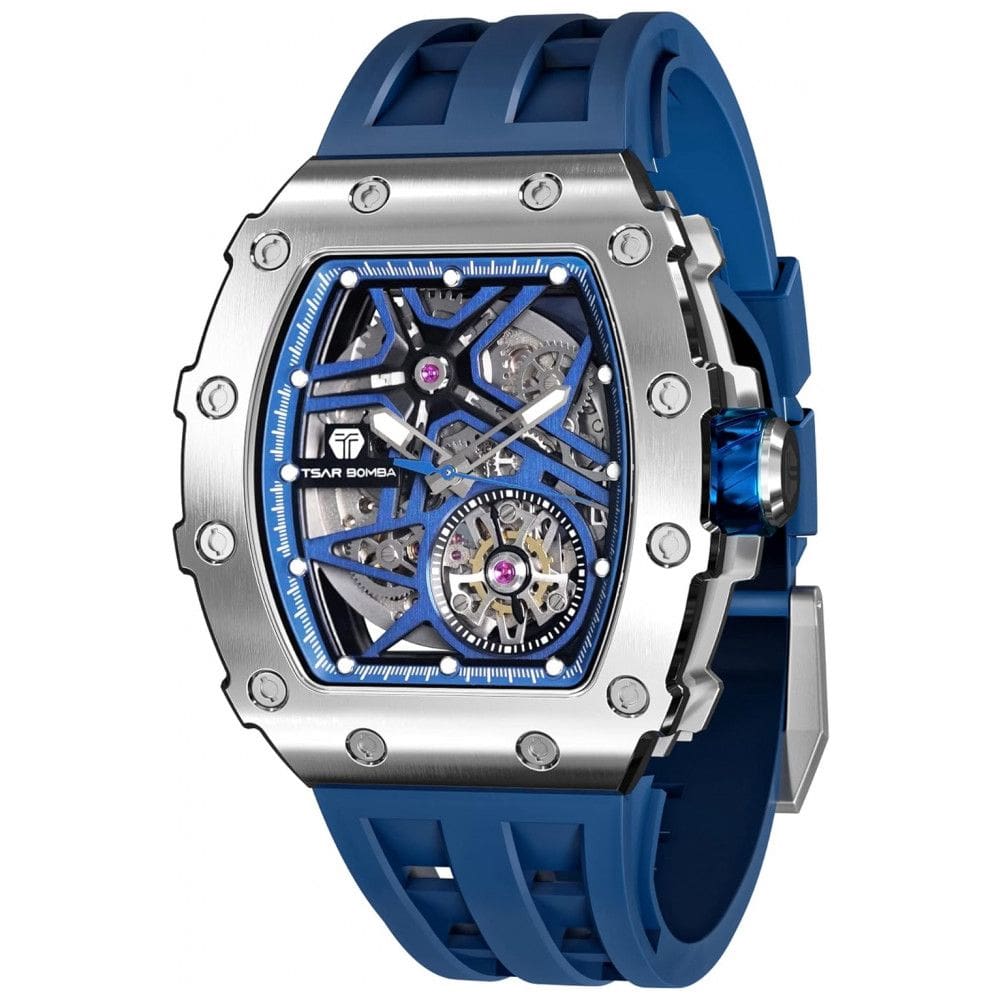 Relógio Masculino Analógico Automático a Prova dÁgua 50M com Pulseira de Silicone, TSAR BOMBA TB 820679SGLZ, Azul