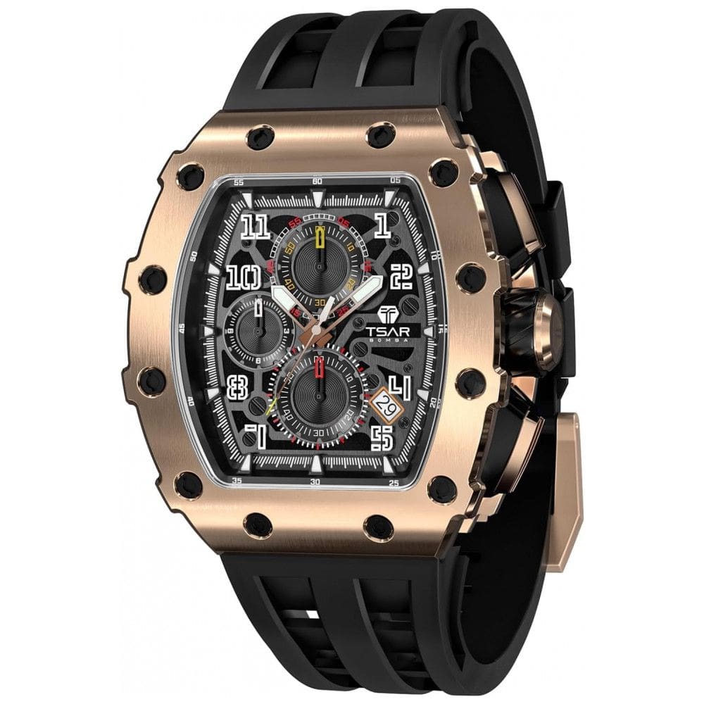 Relógio Masculino Analógico Quartzo a Prova dÁgua 50M com Cronógrafo, TSAR BOMBA TB 8204SGLZHX, Preto e Rosa Ouro