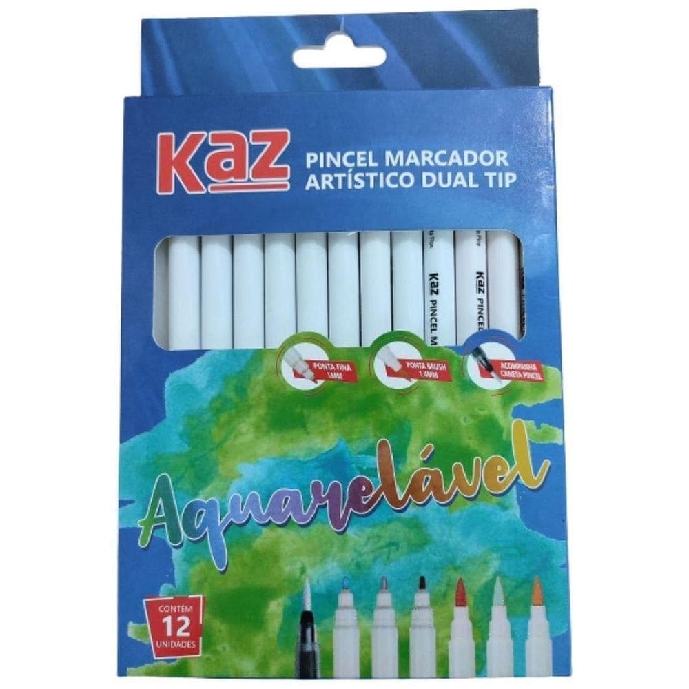 Caneta Dual Brush Tip, Aquarelável, Ponta Dupla Kaz, Kz72202