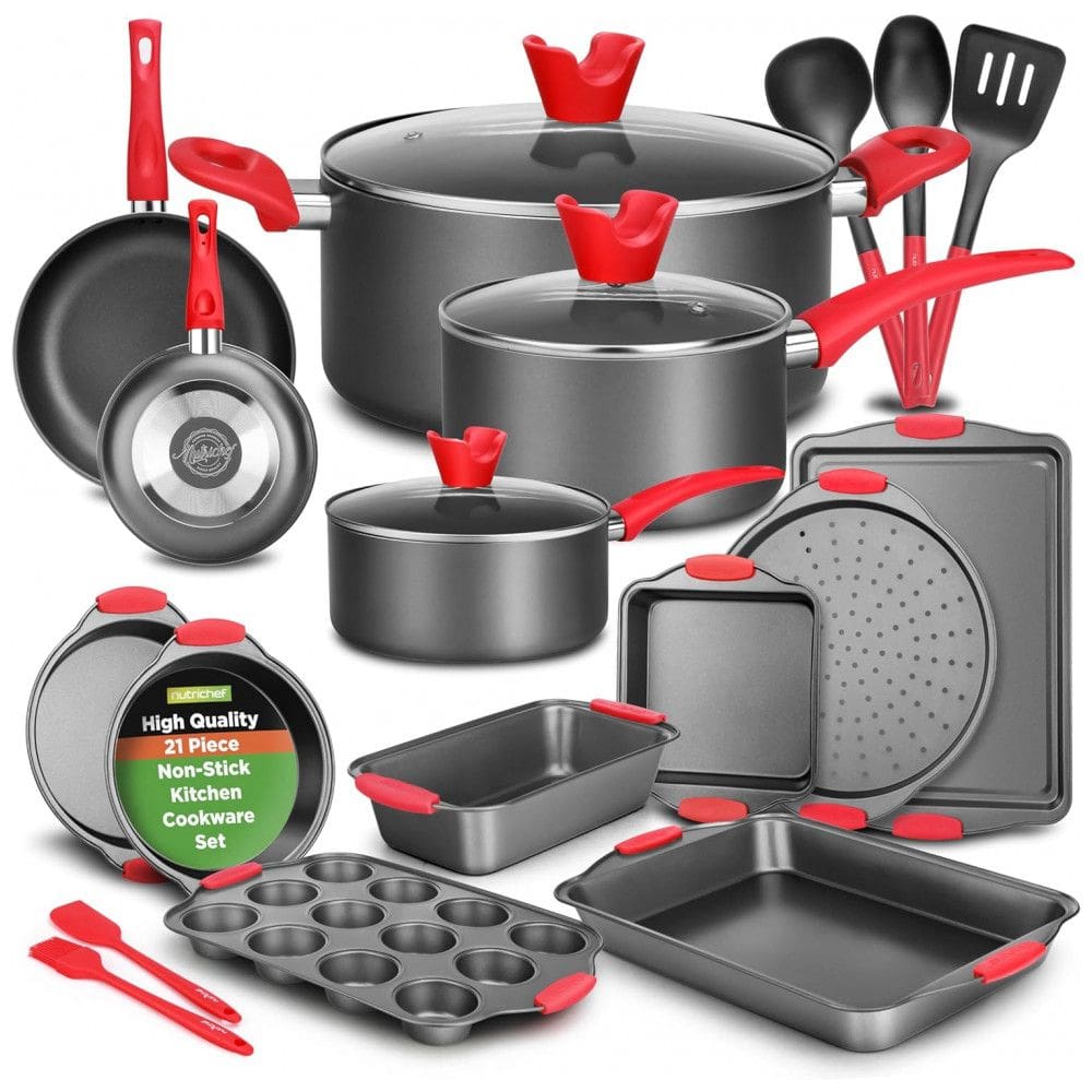 Jogo de Panelas e Frigideiras Antiaderentes em Aço Inoxidável com Utensílios, 21 Peças, NutriChef, Preto