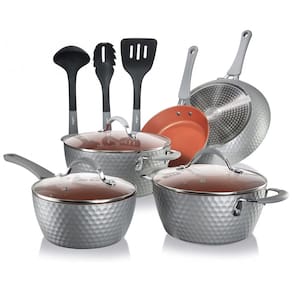 Conjunto de Panelas e Frigideiras Antiaderentes em Cerâmica com Utensílios, 11 Peças, NutriChef, Cinza