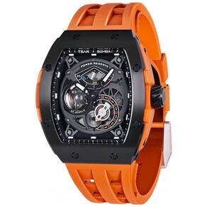 Relógio Masculino Analógico Automático a Prova dÁgua 50M com Pulseira de Silicone, TSAR BOMBA 8210 A, Laranja