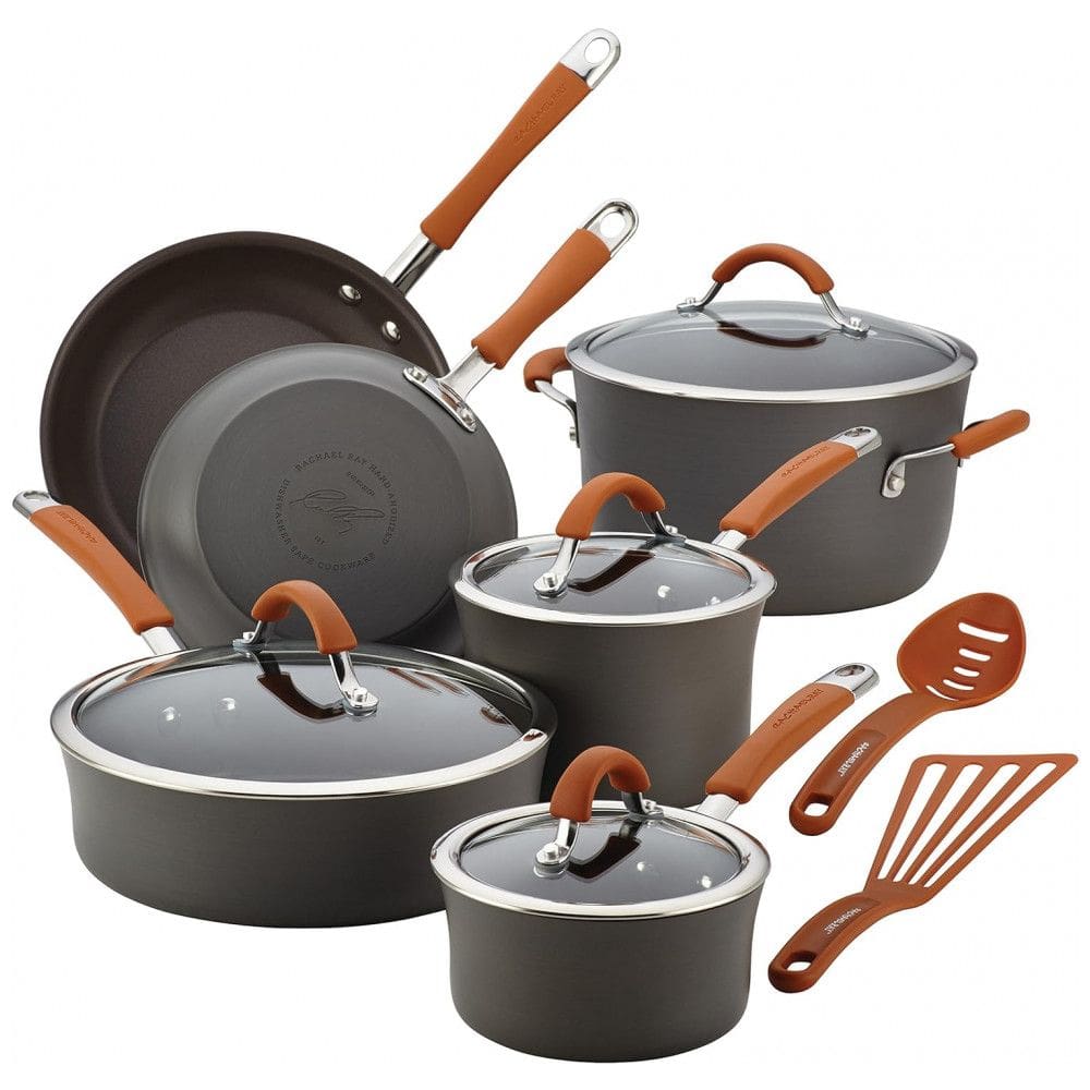 Conjunto de Panelas e Frigideiras Antiaderentes em Alumínio, 12 Peças, Rachael Ray, Cinza