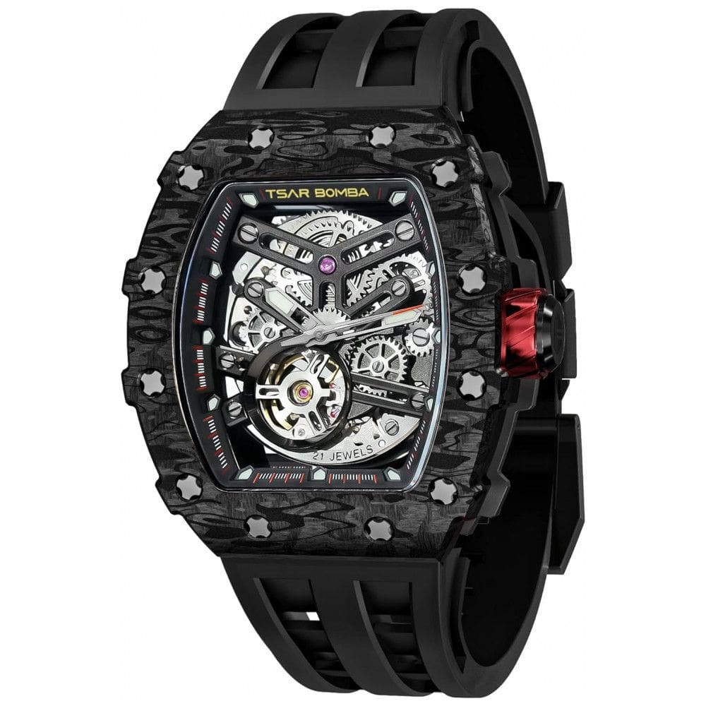 Relógio Masculino Automático Mecânico a Prova dÁgua 50M com Pulseira de Silicone, TSAR BOMBA 8208NEW, Preto