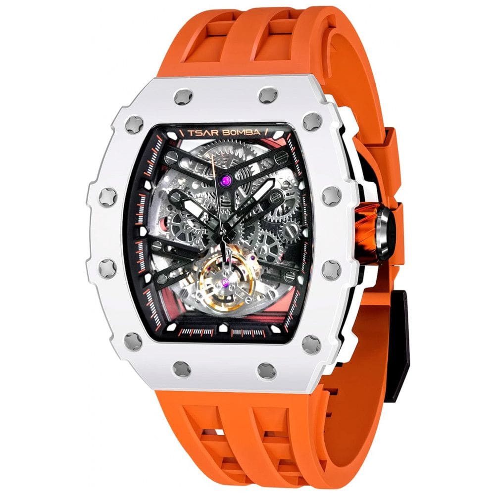 Relógio Masculino Analógico Automático Mecânico a Prova dÁgua 50M com Pulseira de Silicone, TSAR BOMBA SGLZ TB 8208, Laranja e Prata