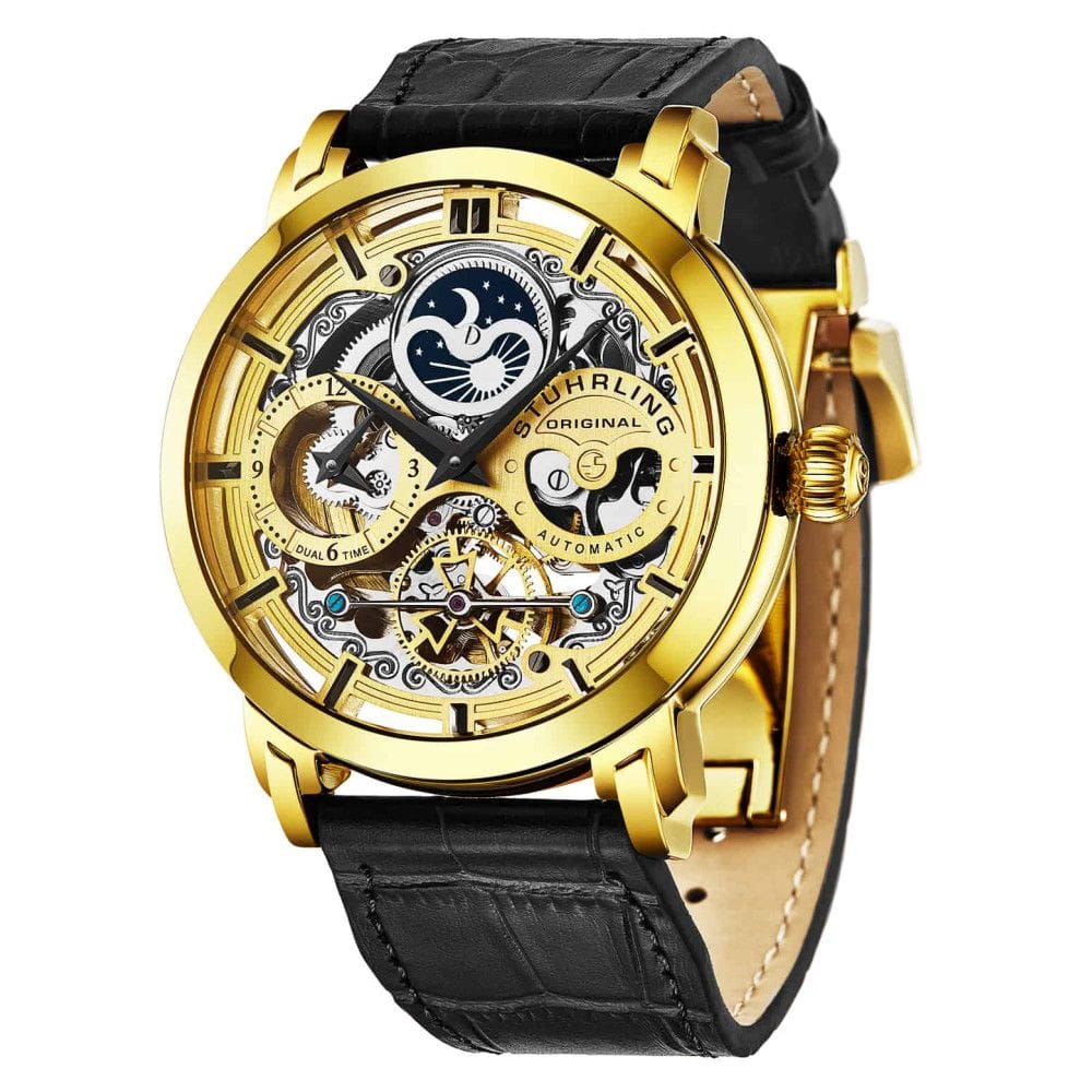 Relogio Anatol 371L Automatico 46mm, Mostrador Dourado, Pulseira de Couro Preta, Stuhrling