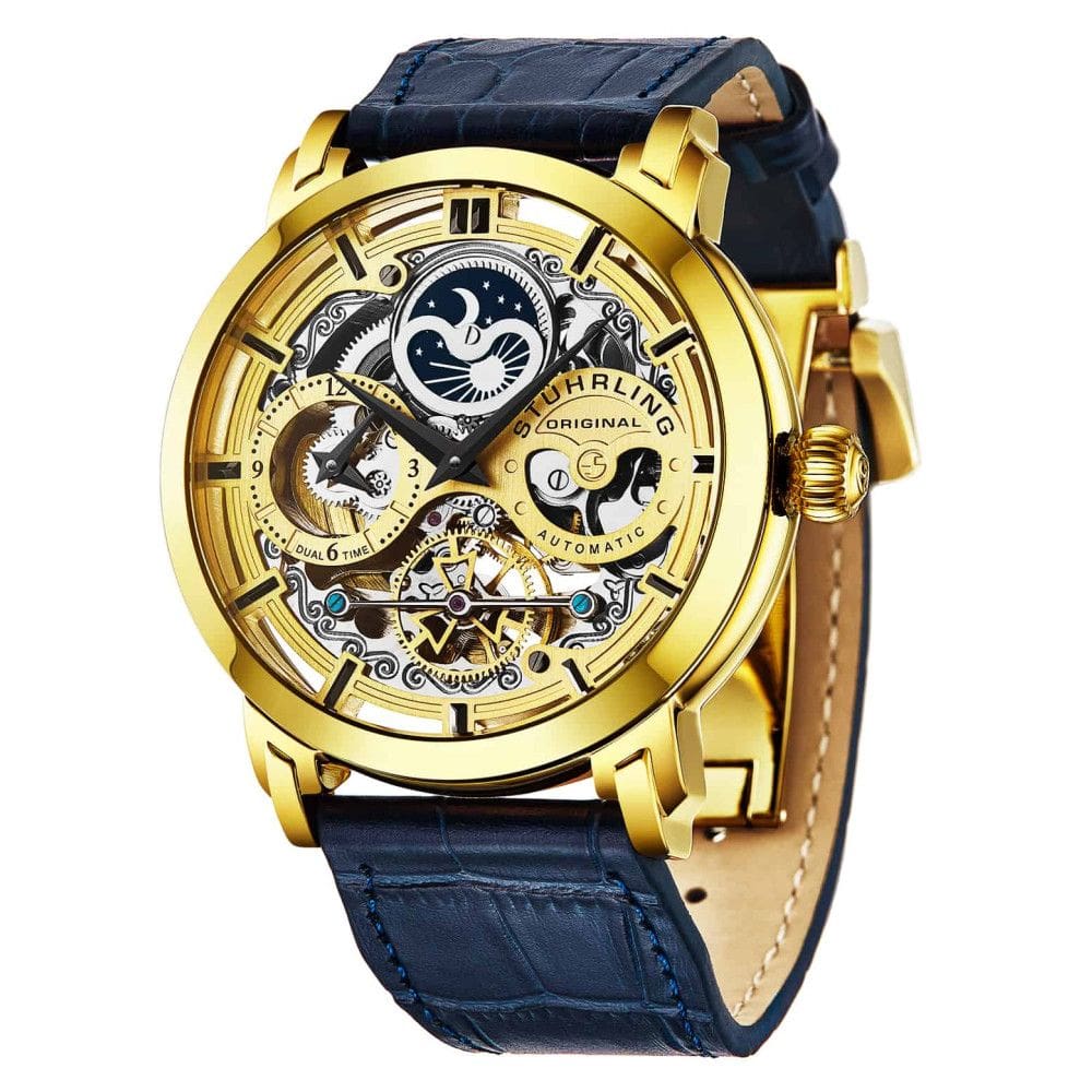 Relogio Anatol 371L Automatico 46mm Mostrador Dourado com Pulseira de Couro Azul e Fivela Implantavel em Camadas de Ouro Stuhrling.