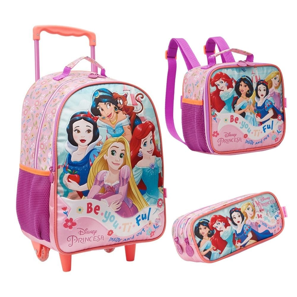 Kit Mochila Infantil Com rodinhas escolar + Lancheira + estojo triplo Princesas