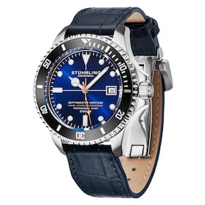 Relogio Automatico Depthmaster Heritage 883HL 42mm, Mostrador Azul e Prata, Pulseira de Couro Azul, Stuhrling.
