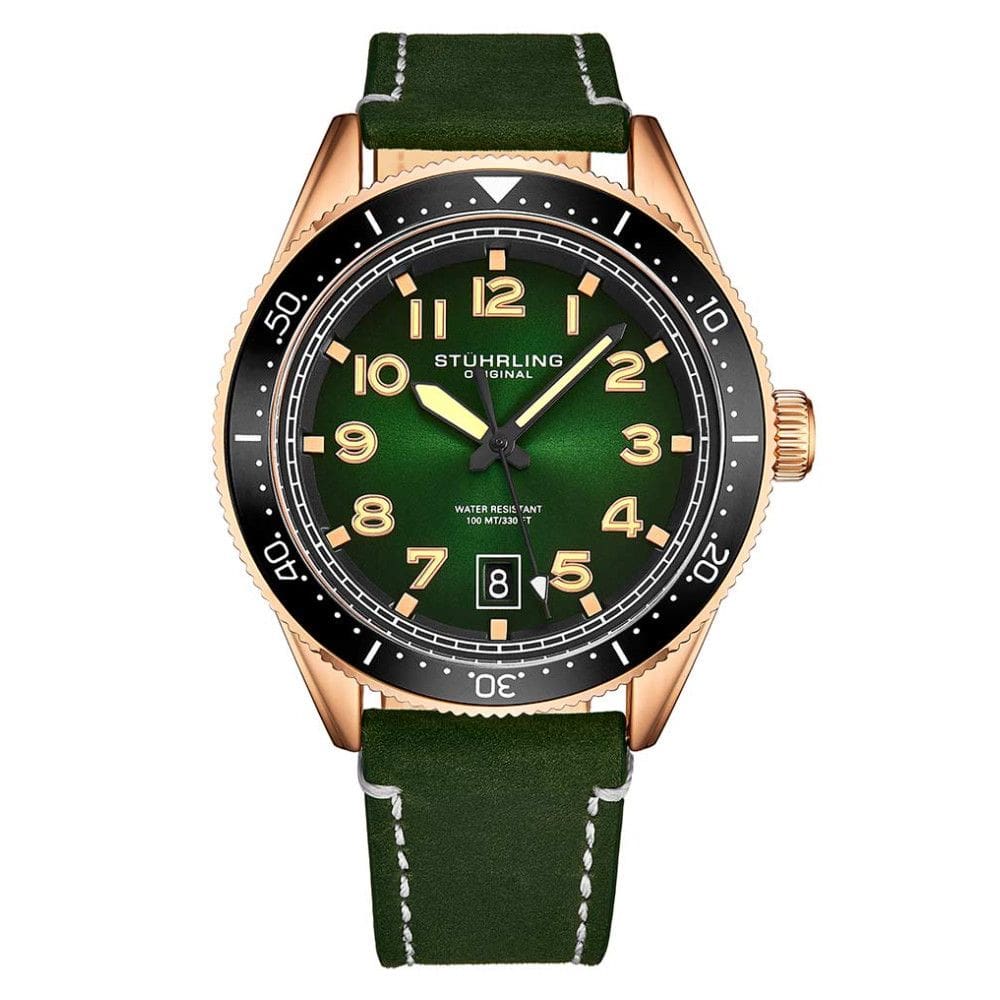 Relgio Stuhrling 3989 com mostrador verde, pulseira de couro verde e fivela em ouro rosa