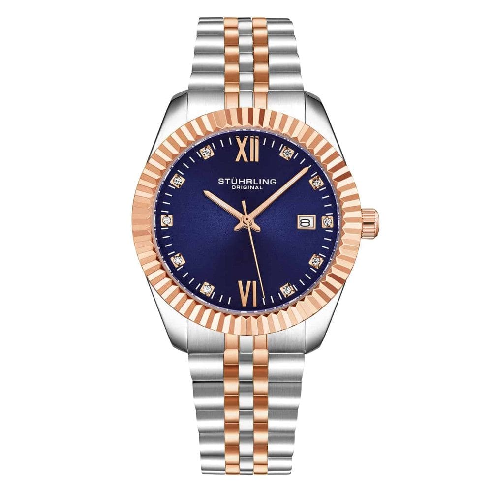 Relgio Gamine Classic 42mm 4024 com mostrador azul e pulseira prateada rosa de dois tons Stuhrling