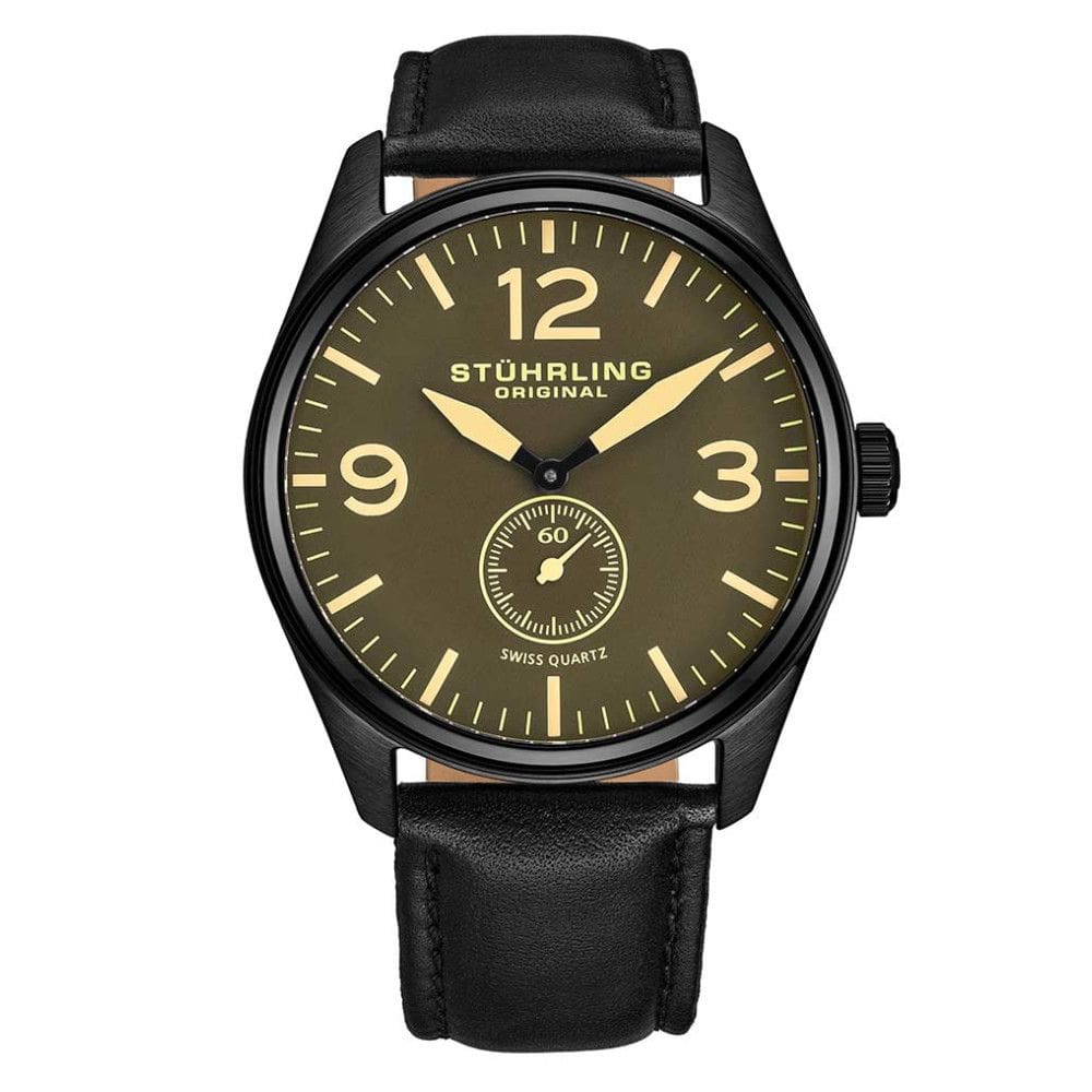 Relgio Aviador 931 42mm, Mostrador Marrom, PVD Preto, Pulseira de Couro Preto - Stuhrling.