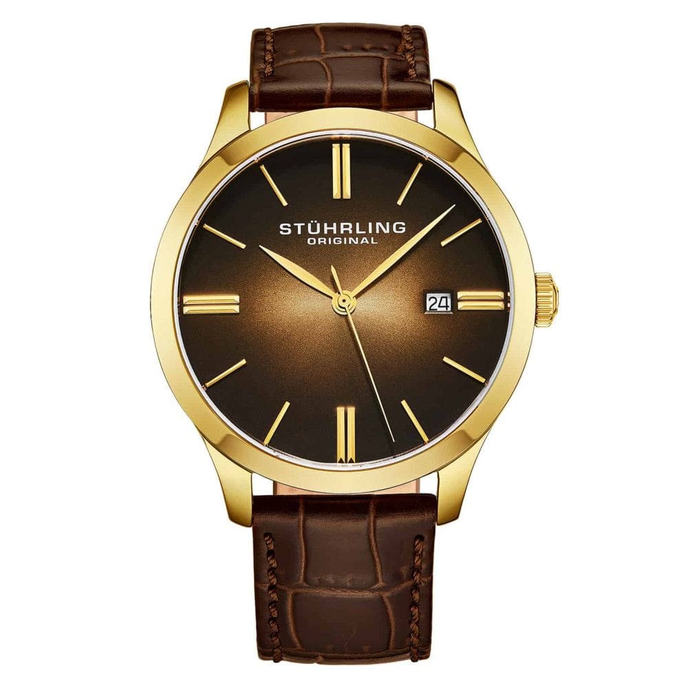 Relgio Cuvette II 4014 Classic 42mm, mostrador rosa, pulseira de couro marrom e fivela Tang em ouro amarelo Stuhrling