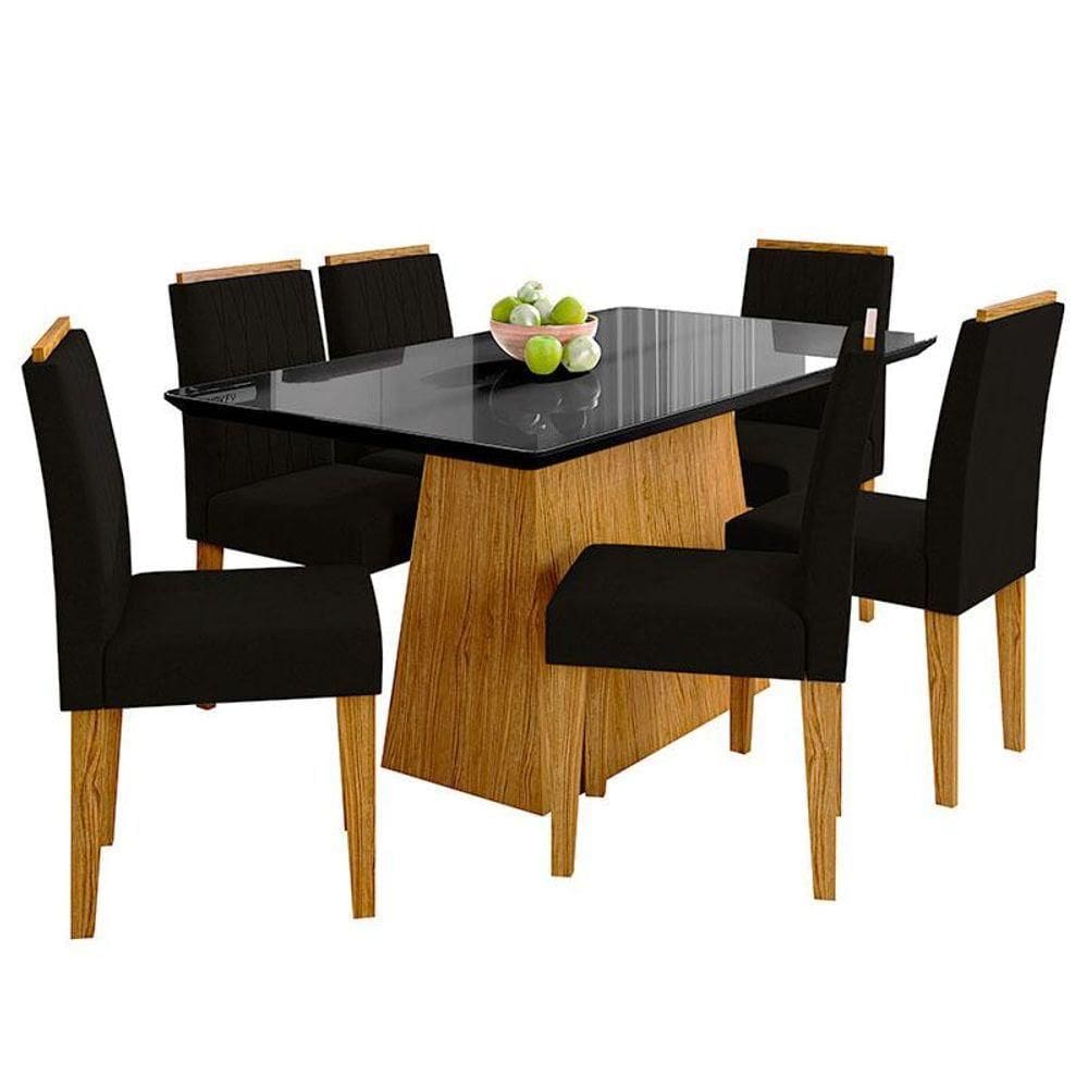 Mesa De Jantar 160cm Bárbara Com Vidro E 6 Cadeiras Ana Ype Veludo Preto - New Ceval