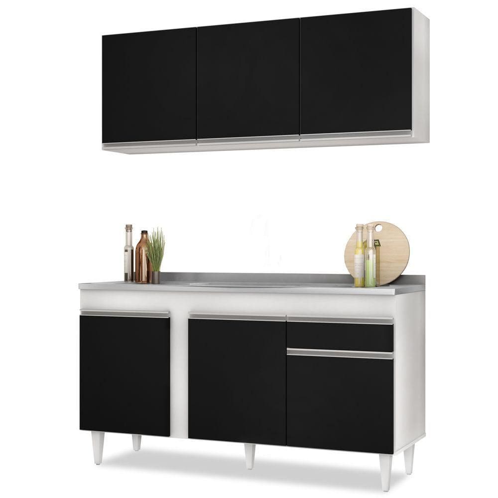 Armário Aéreo Argélia E Balcão Gabinete Com Pia Inox 150cm Dakota Branco/preto - Lumil