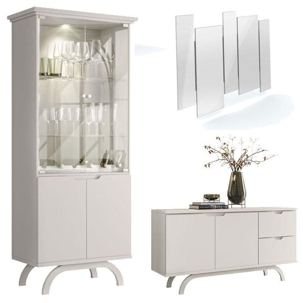 Cristaleira E Aparador Buffet Vicenza Com Espelho Isadora Off White - New Ceval