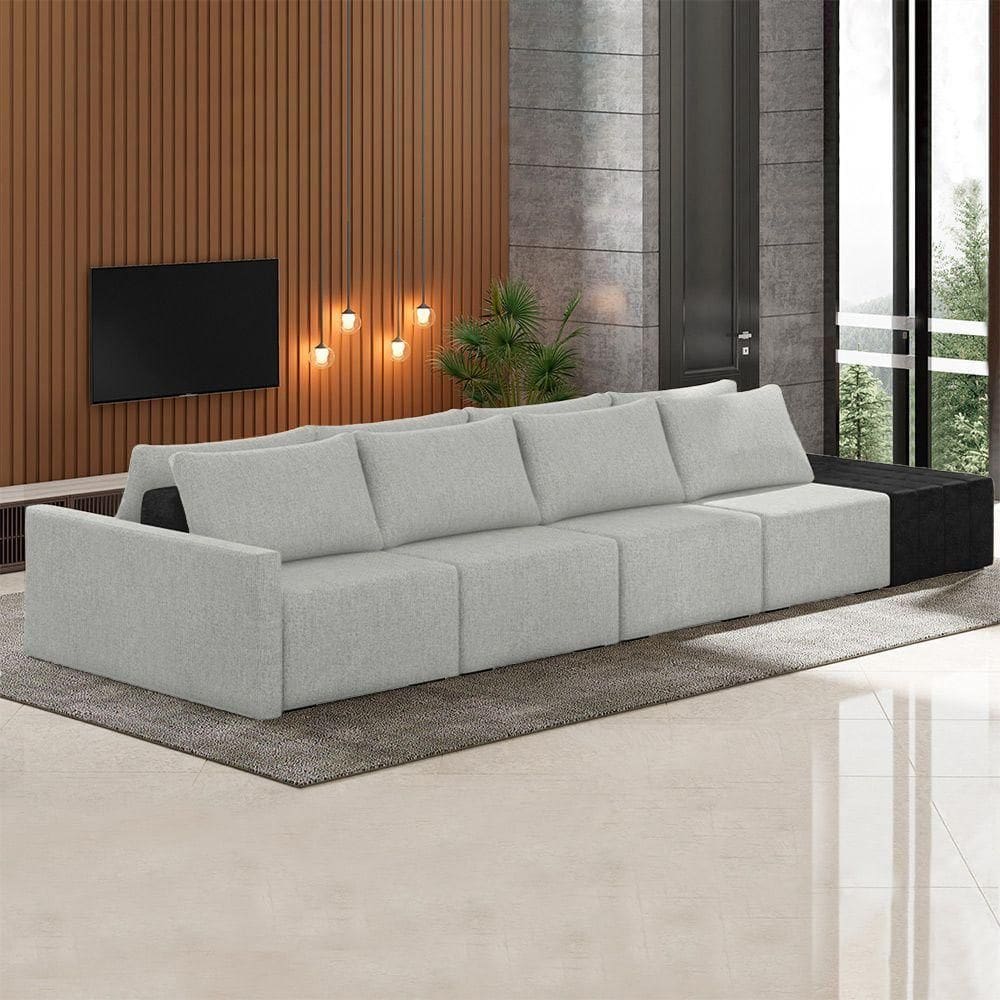 Sofá Ilha Modulado Milos 392cm Puff Lateral Cinza Preto Manchado Linho/pu G33 - Gran Belo