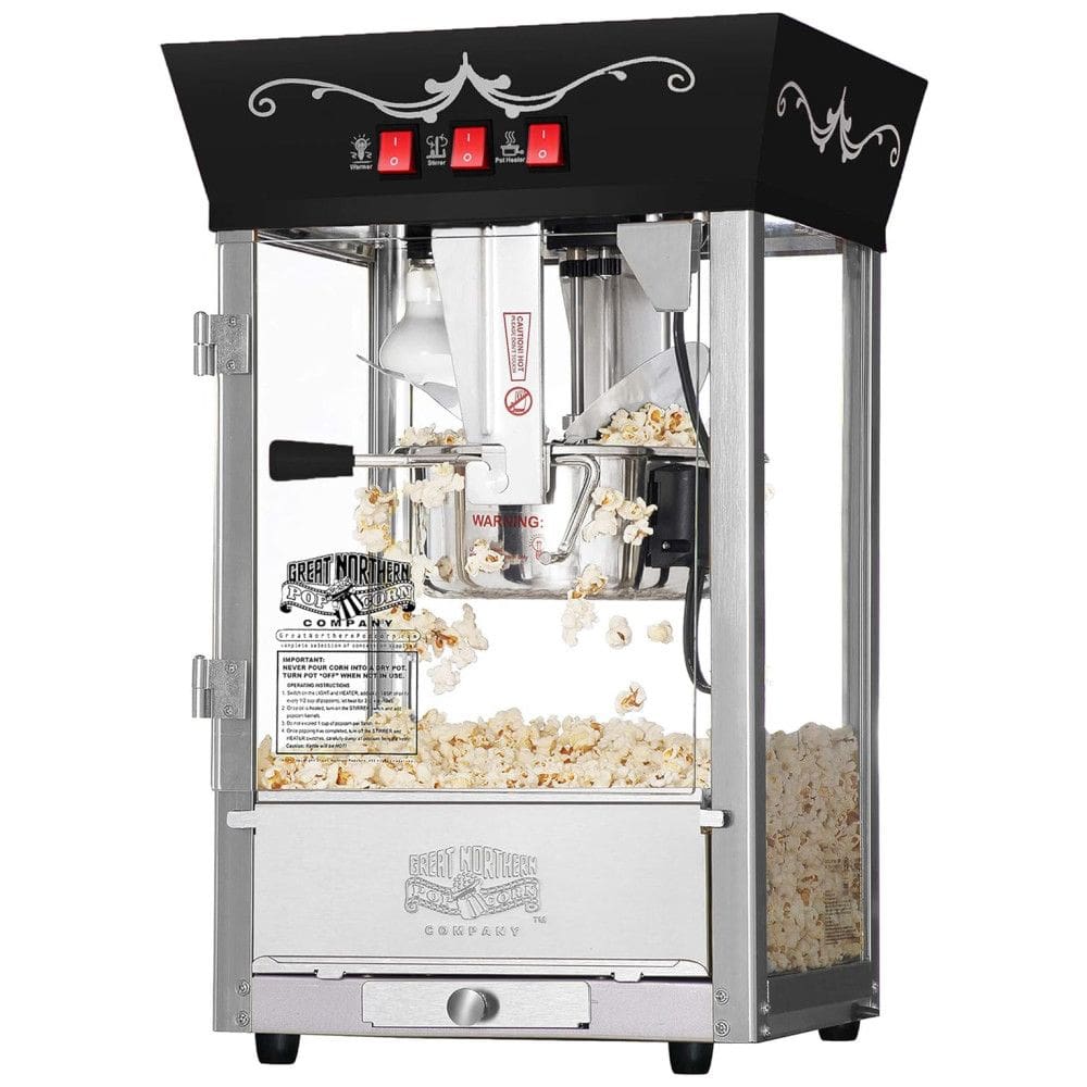Pipoqueira Elétrica Faz até 10,8 kg de Pipoca com Panela de 226g, Luz de Aquecimento e Acessórios, 110V 850W, Great Northern Popcorn, Preta