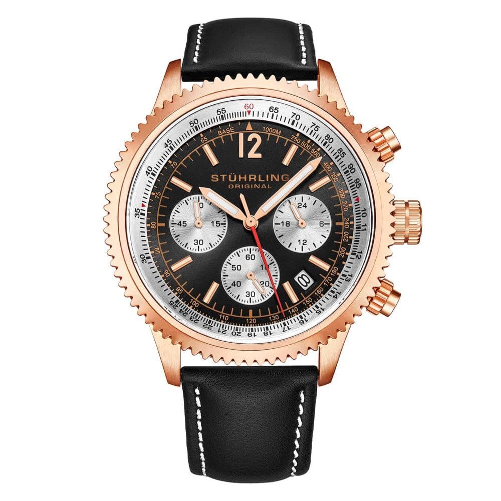 Relgio crongrafo Stuhrling Monaco 4015 com pulseira de couro preto e mostrador preto, rosa 44mm