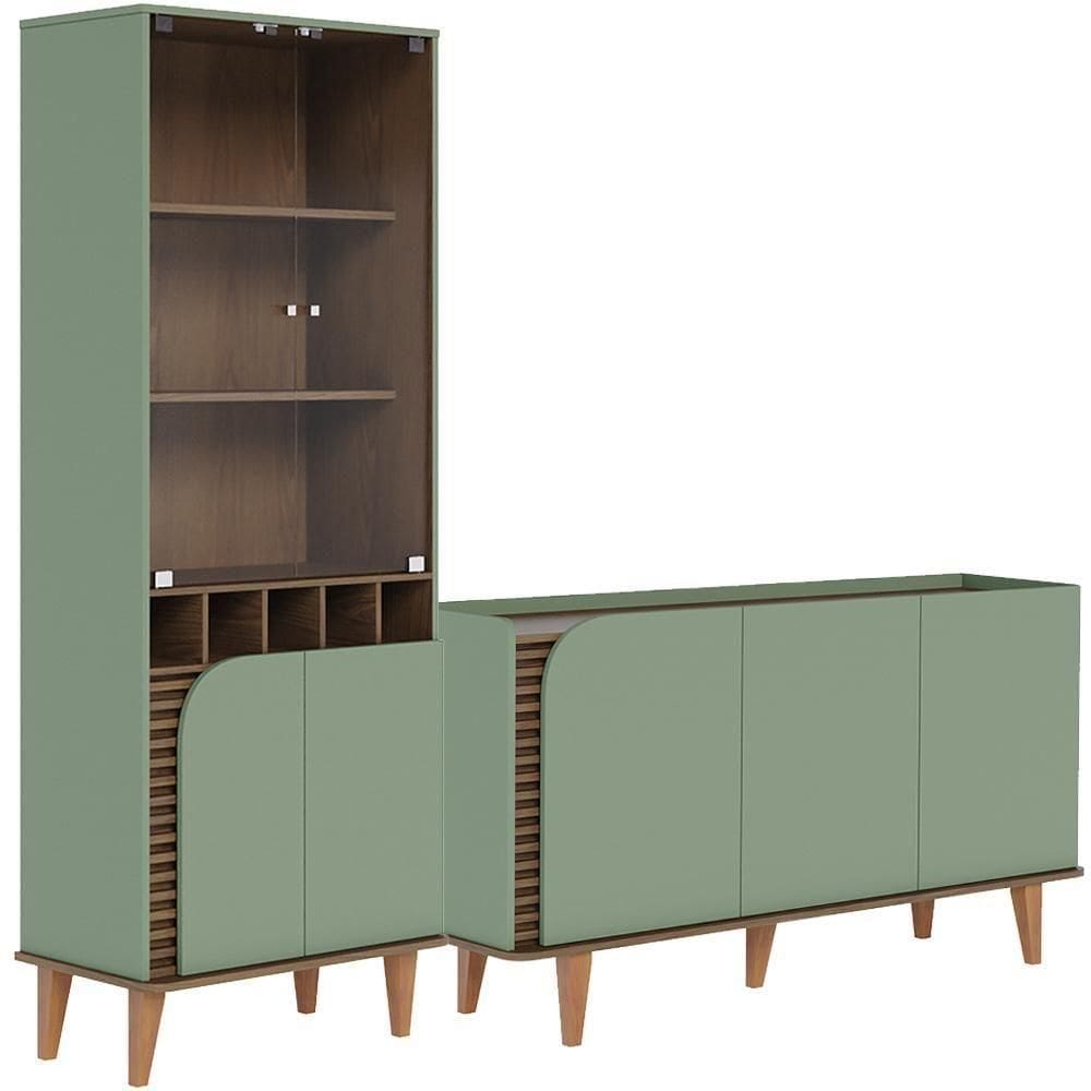 Kit Aparador Buffet Living Com Cristaleira Adega Julia C04 Hortelã Amêndoa - Lyam Decor