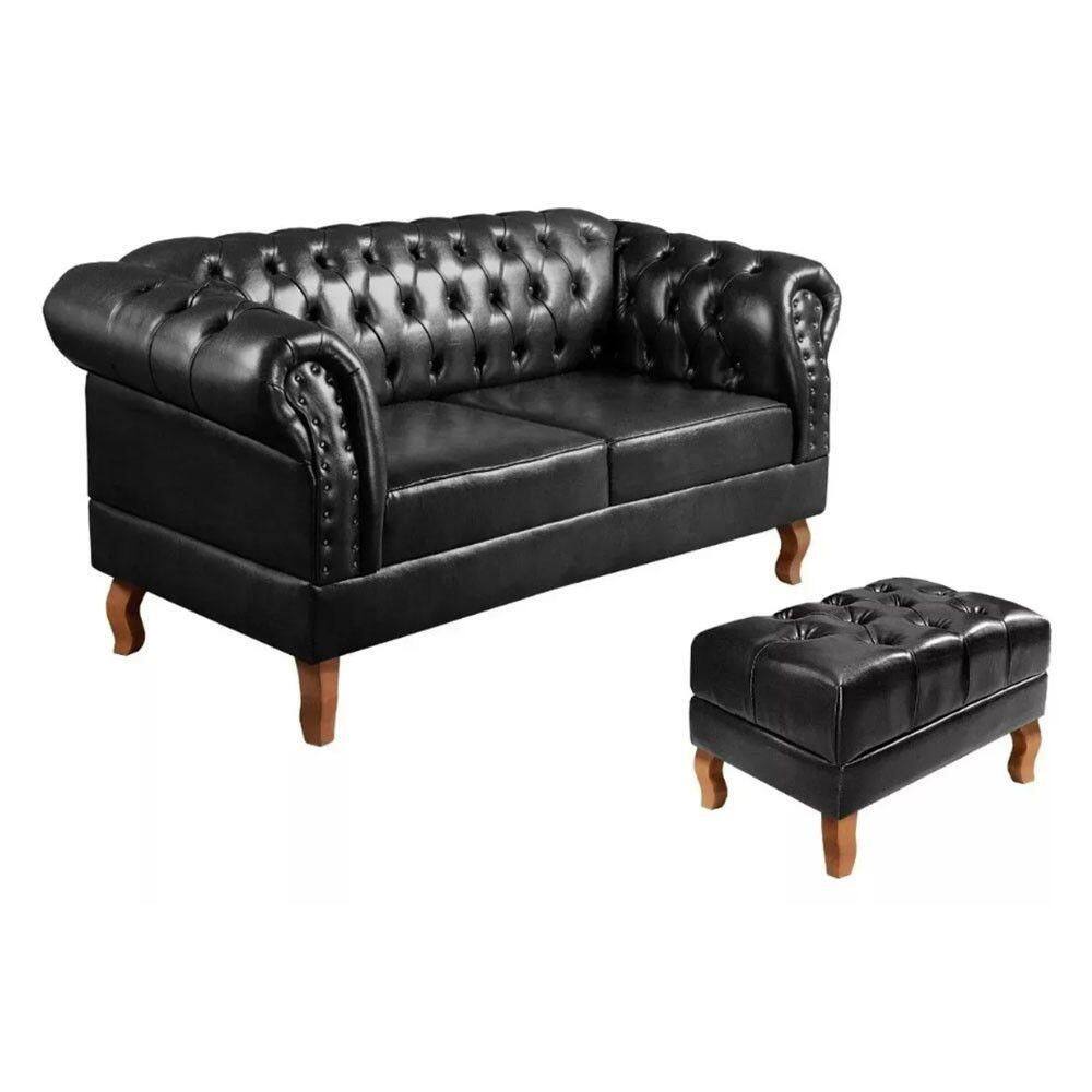 Sofá Dom Pedro Chesterfield 2 Lugares E Puff Captonê Preto