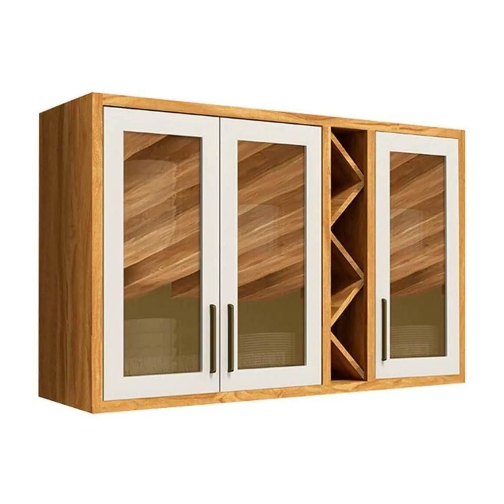Armário Aéreo P/ Cozinha Tempranillo C/ 3 Portas Vidro Reflecta 120cm Amendoa/off White - Ronipa