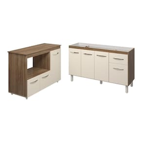 Balcão Armário Camila Cozinha Gabinete De Pia 140 Cm E Balcão Para Forno Elétrico E Microondas Lilian Savana Off White