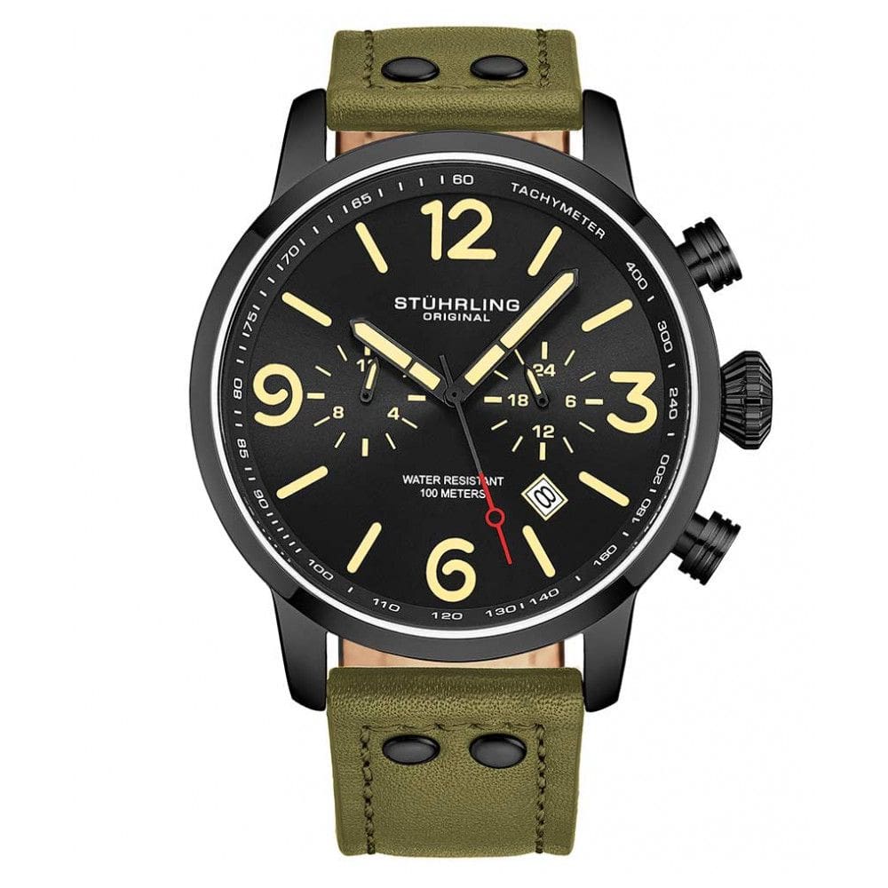 Relgio masculino Stuhrling 3956 com caixa de 45mm, mostrador preto e pulseira de couro preta