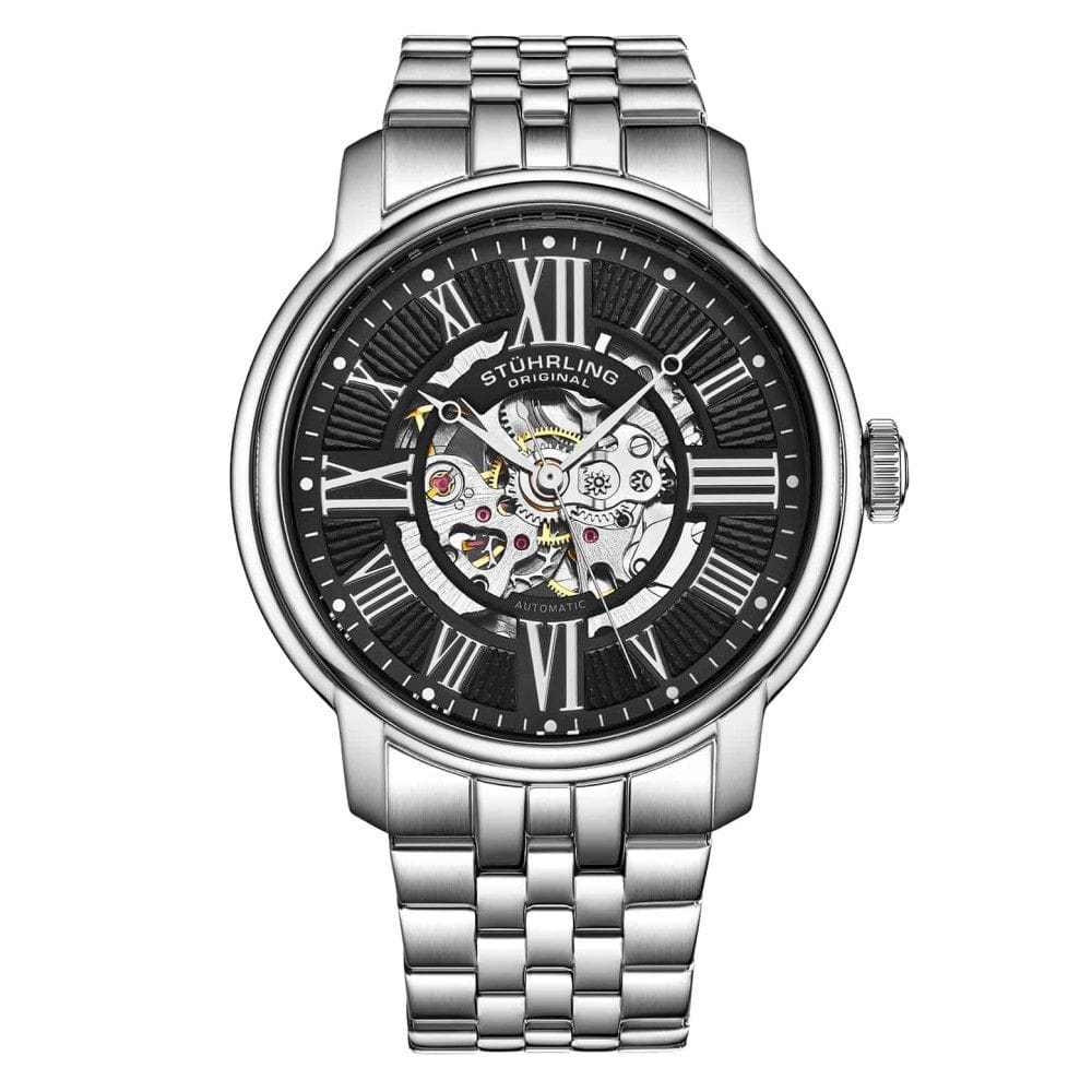 Relgio Automtico Atrium 4031 com Mostrador Preto de 42mm, Pulseira de Ao Inoxidvel Prateado e Fivela Dobrvel em Prata Stuhrling