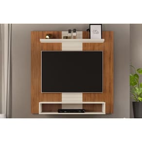 Painel Home p/TV até 47 Polegadas Smart c/ Prateleira e Nichos 120x120cm Freijó/Off White - DJ Móveis