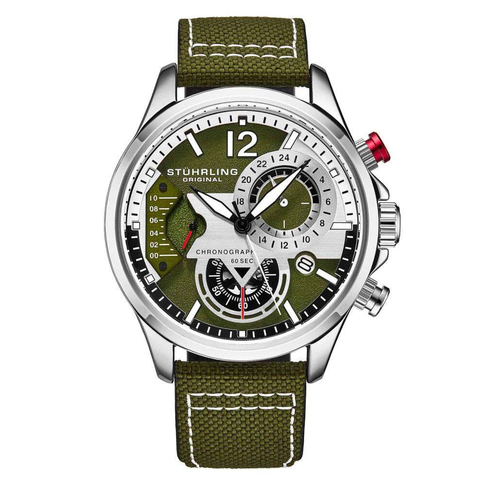 Relgio Stuhrling Cordura 908 Aviador 45mm Verde/Prata com Pulseira de Couro Verde e Fivela de Prata