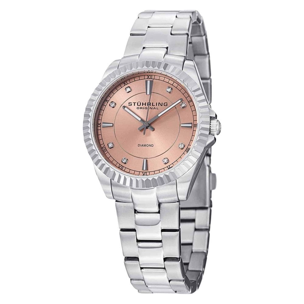 Relgio Lady Marine Diamond 408LD , mostrador pssego, pulseira de ao inoxidvel prateado e fivela de Stuhrling