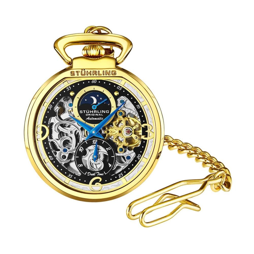 Relgio de Bolso Stuhrling Modena 991 Automtico 48mm Mostrador Preto com Detalhes em Ouro e Design em Ao Inoxidvel