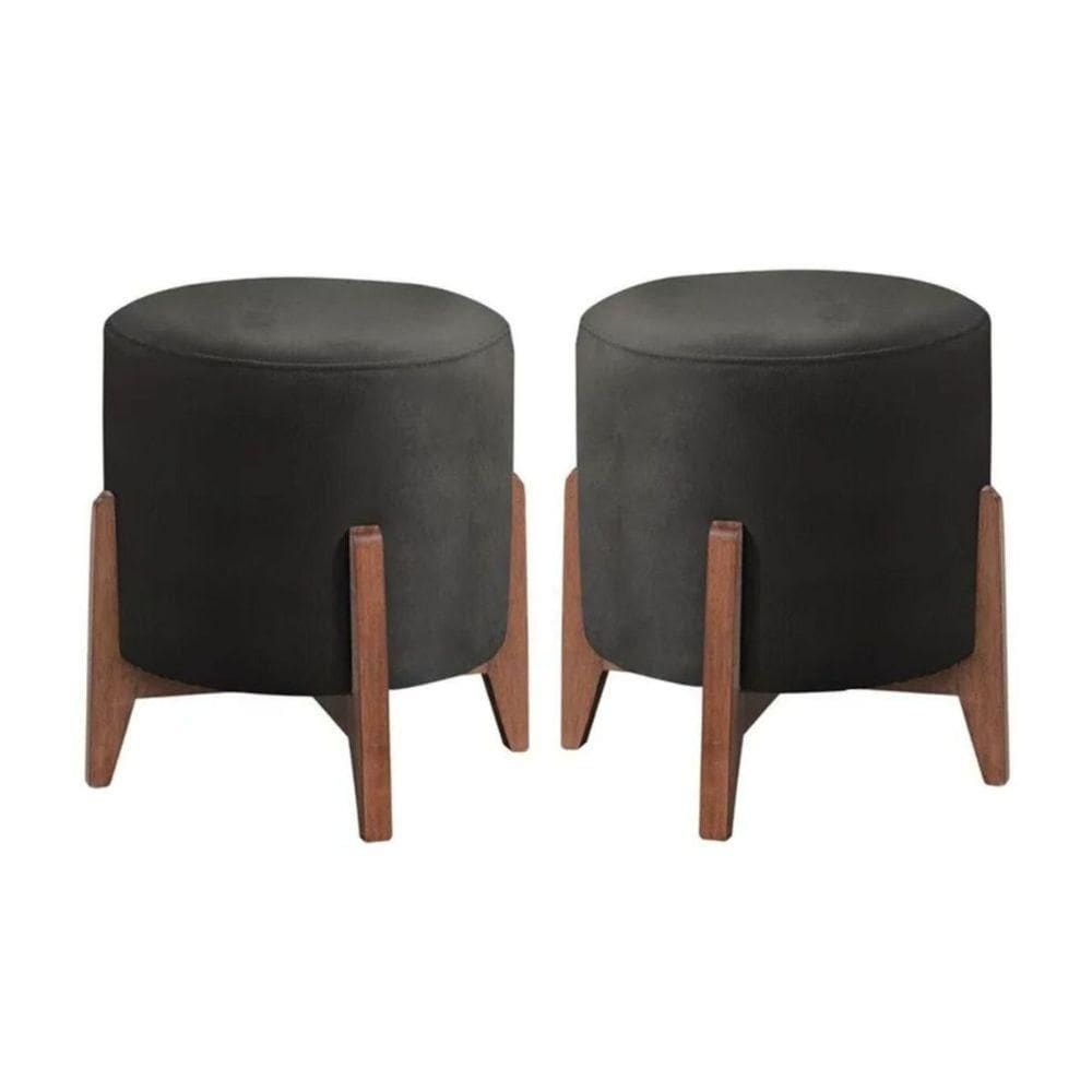 Kit 2 Puff Decorativo Para Sala Redondo Luxo Viena Suede preto