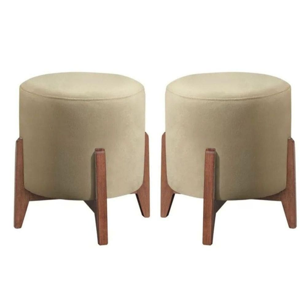 Kit 2 Puff Decorativo Para Sala Redondo Luxo Viena Veludo bege