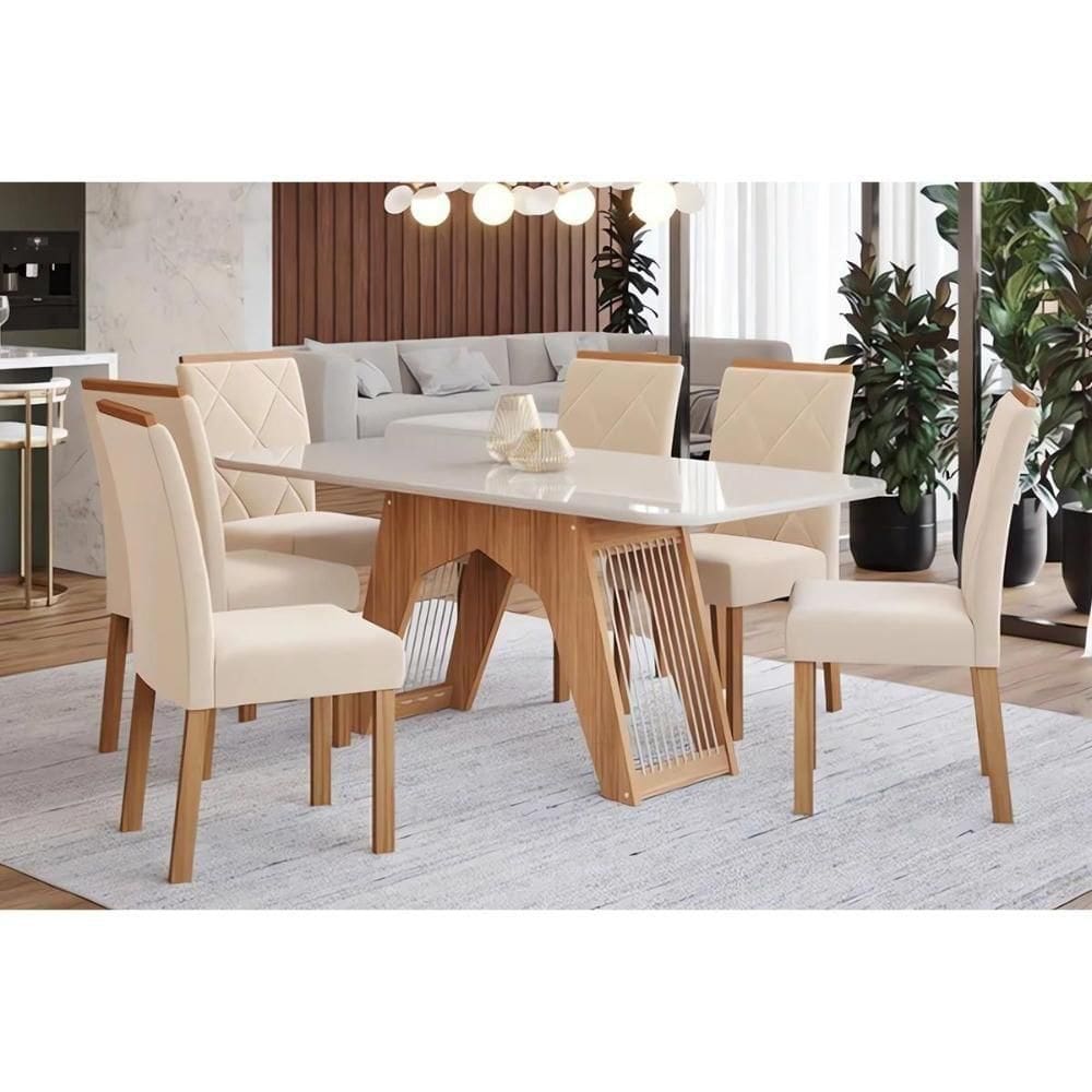 Sala De Jantar Completa Carol Tampo Madeirado Com Vidro 180x90cm E 6 Cadeiras Fernanda Madeirado-suede Nude Bege - Cimol