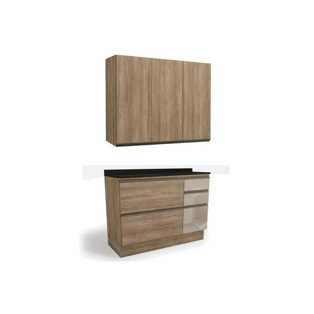 Cozinha Maxxi 3 Peças (1 Aéreo + 1 Balcão + 1 Complemento) C3p12 Nogal-preto Brilho