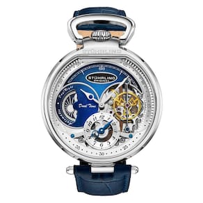 Relgio Automtico Modena Dual Time 4033 46mm Azul, Prata, Pulseira de Couro Azul e Fivela Prateada Stuhrling