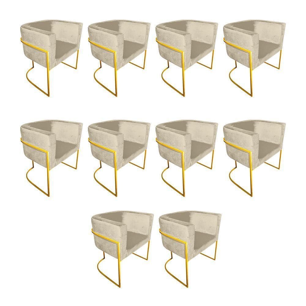 Kit 10 Poltronas Decorativa Sala De Estar Base De Ferro Dourada Veludo Bege
