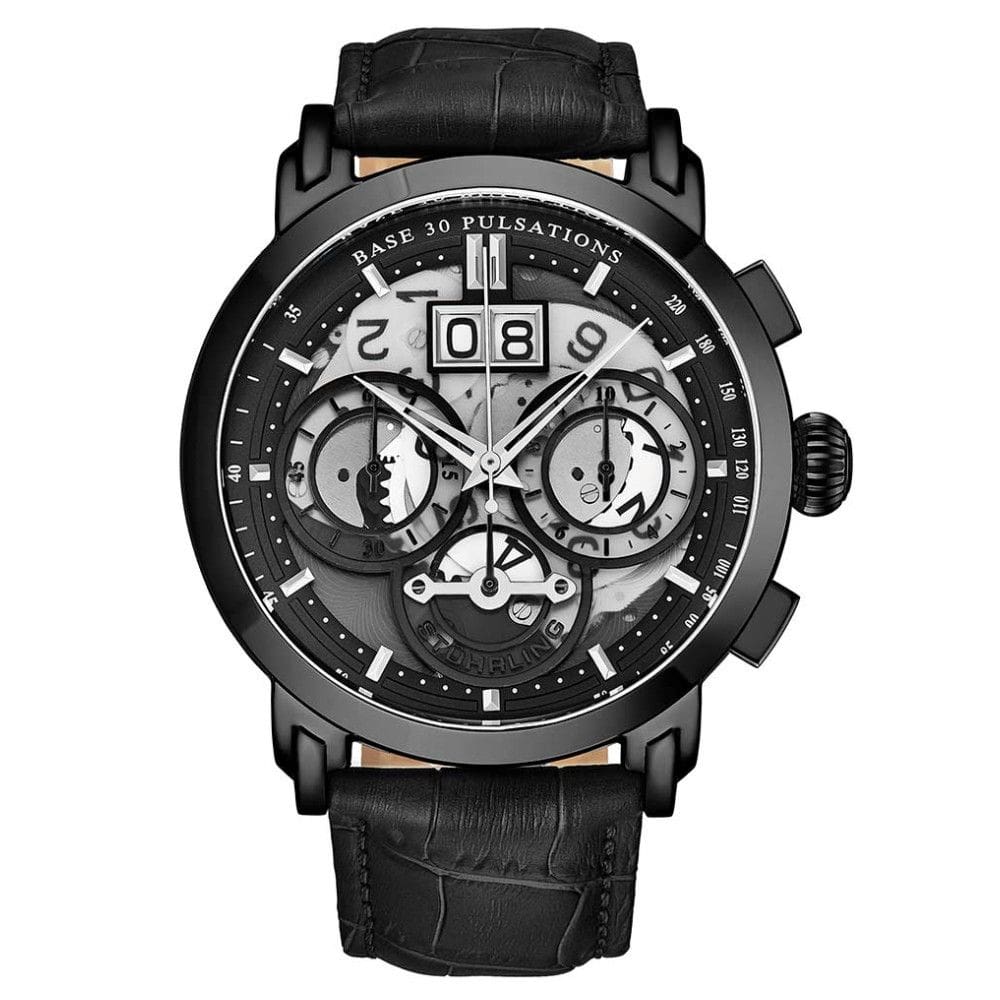 Relgio de pulso Crongrafo Imperia 4030 com mostrador preto de , pulseira de couro preto e fivela Tang preta Stuhrling