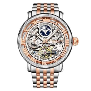 Relgio Automtico Reserva Especial 3922 e 3923, 48mm, Mostrador Rosa e Prata, Pulseira de Ao Inoxidvel Rosa com Fivela Deployant - Stuhrling