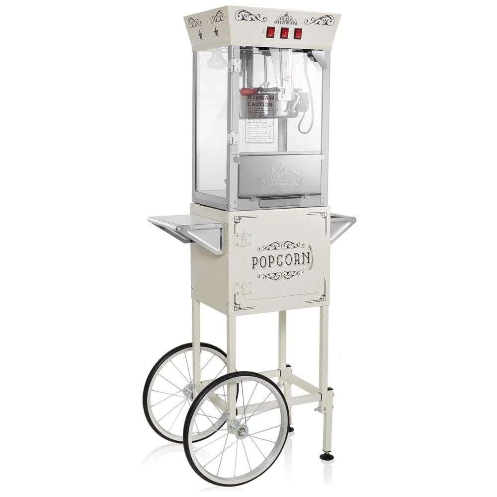 Máquina de Pipoca Estilo Cinema com Carrinho e Chaleira 0,28g Creme. Popper sobre rodas estilo vintage, ideal para festas e eventos.