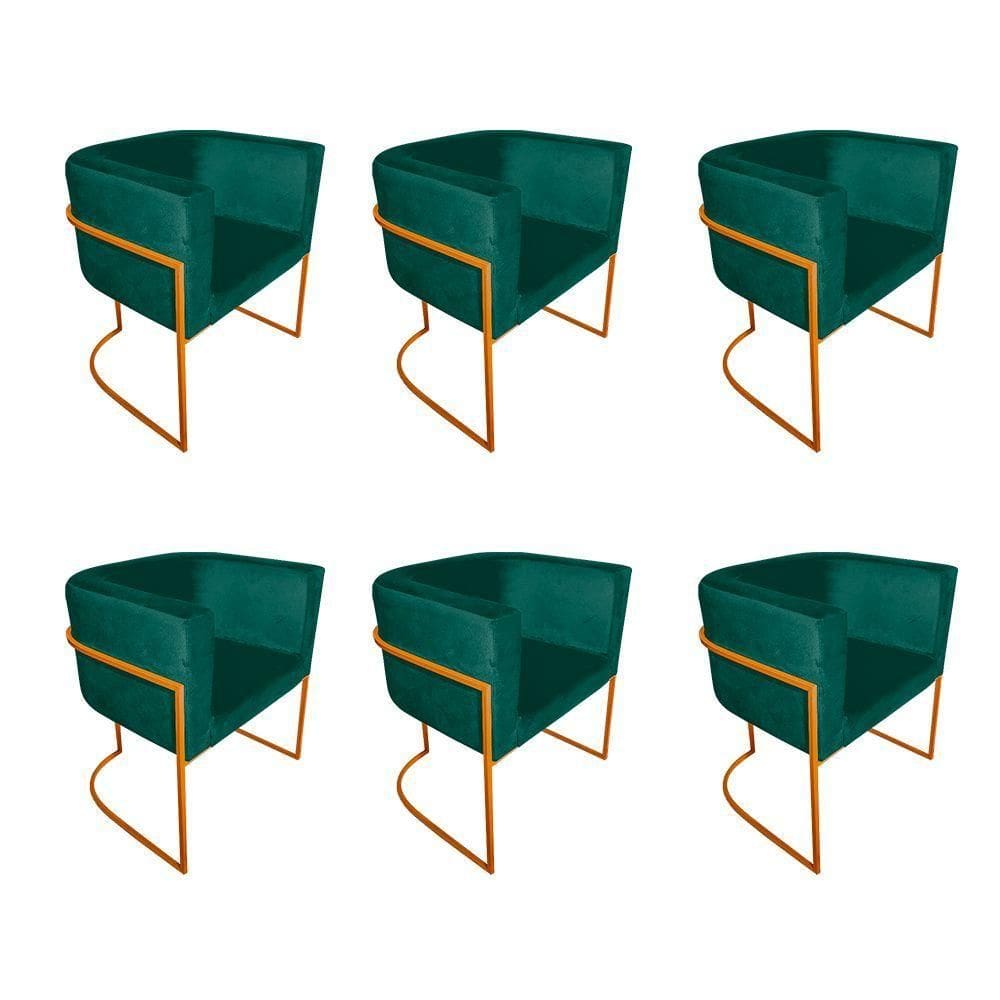 Kit 6 Poltronas Decorativa Sala De Estar Base De Ferro Cobre Veludo Verde