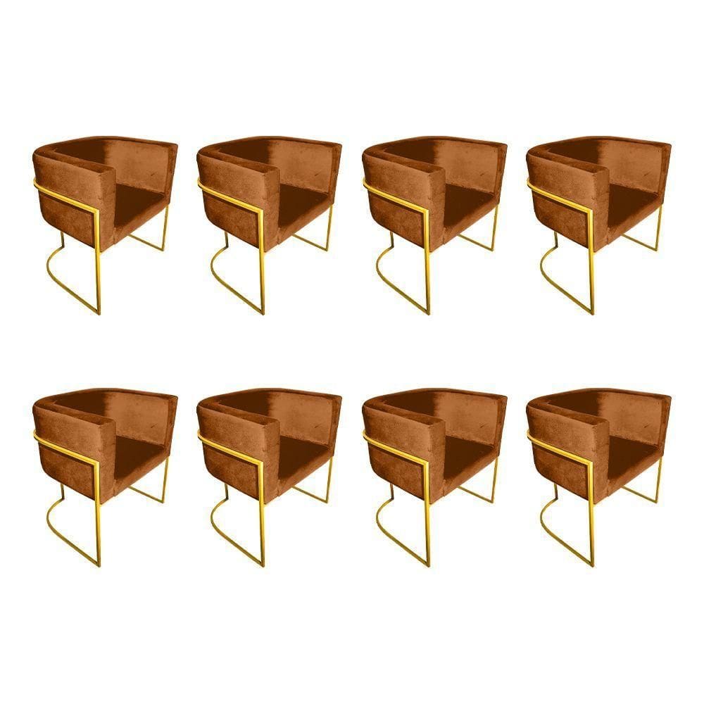 Kit 8 Poltronas Decorativa Sala De Estar Base De Ferro Dourada Veludo Terracota Laranja